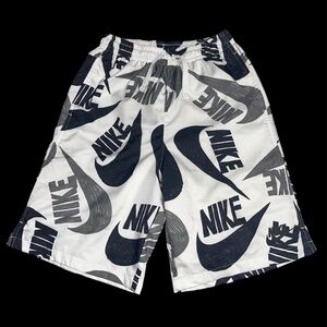 Nike All Over Print Swim Athletic Shorts Youth Boy Sz XL Black White Swoosh Mesh
